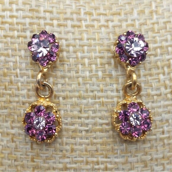 Tiny Minimalist Gold Tone & Purple Crystal Drop Dangle Floral Earrings Sparkle - Picture 1 of 9